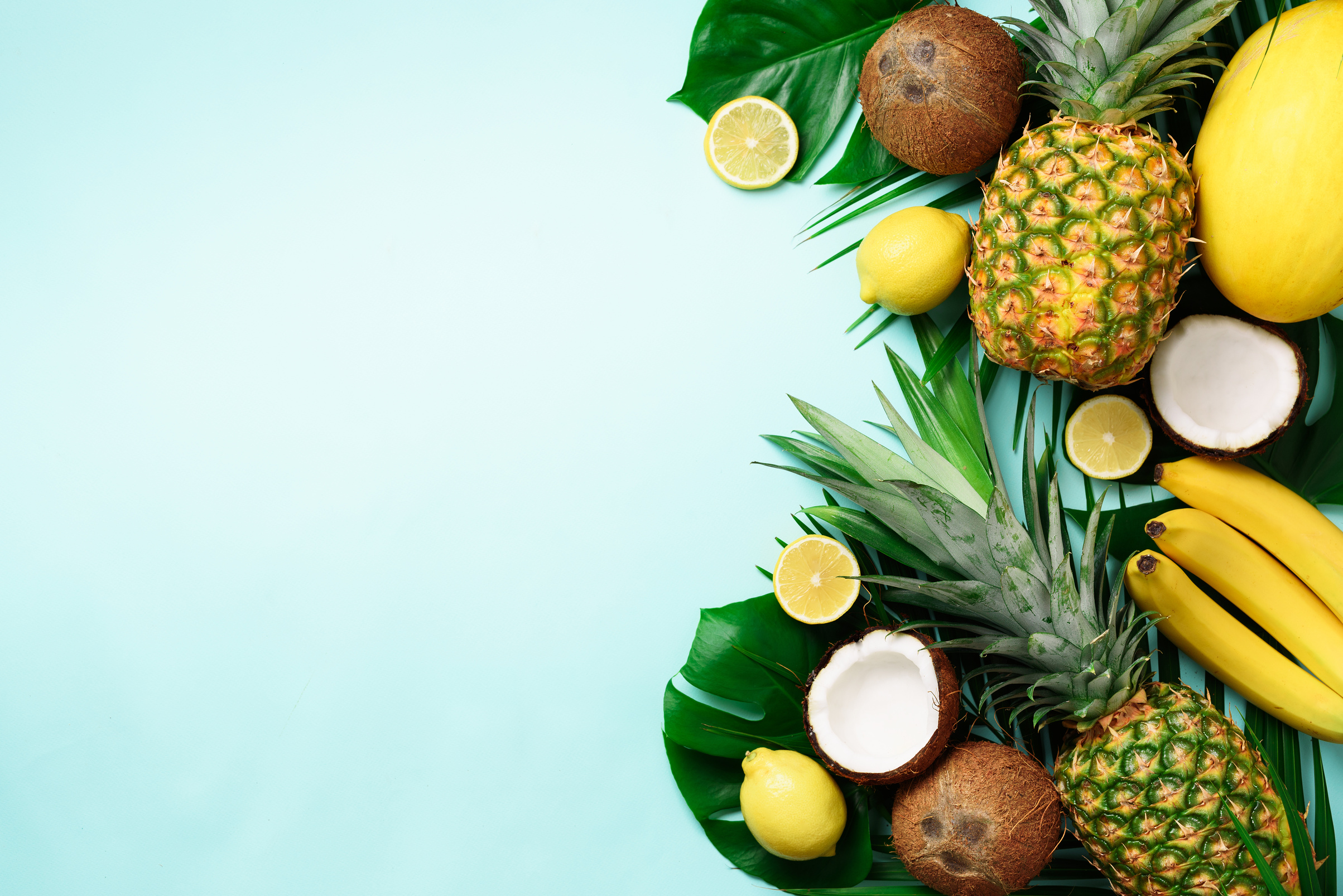 Exotic Pineapples, Ripe Coconuts, Banana, Melon, Lemon, Tropical Palm and Green Monstera Leaves on Blue Background with Copyspace for Your Text. Creative Layout. Summer Concept. Flat Lay, Top View